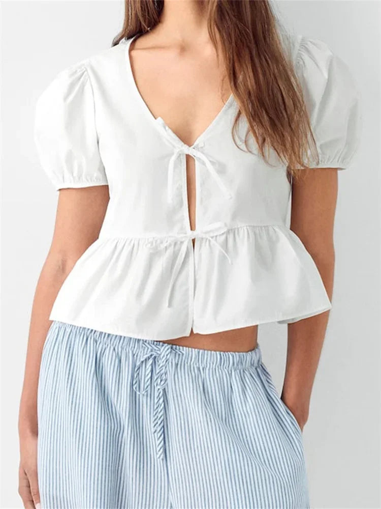 V-neck Open Front Tie-up Short Sleeve Blouse