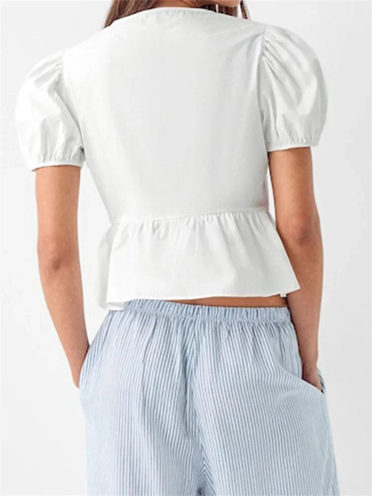 V-neck Open Front Tie-up Short Sleeve Blouse