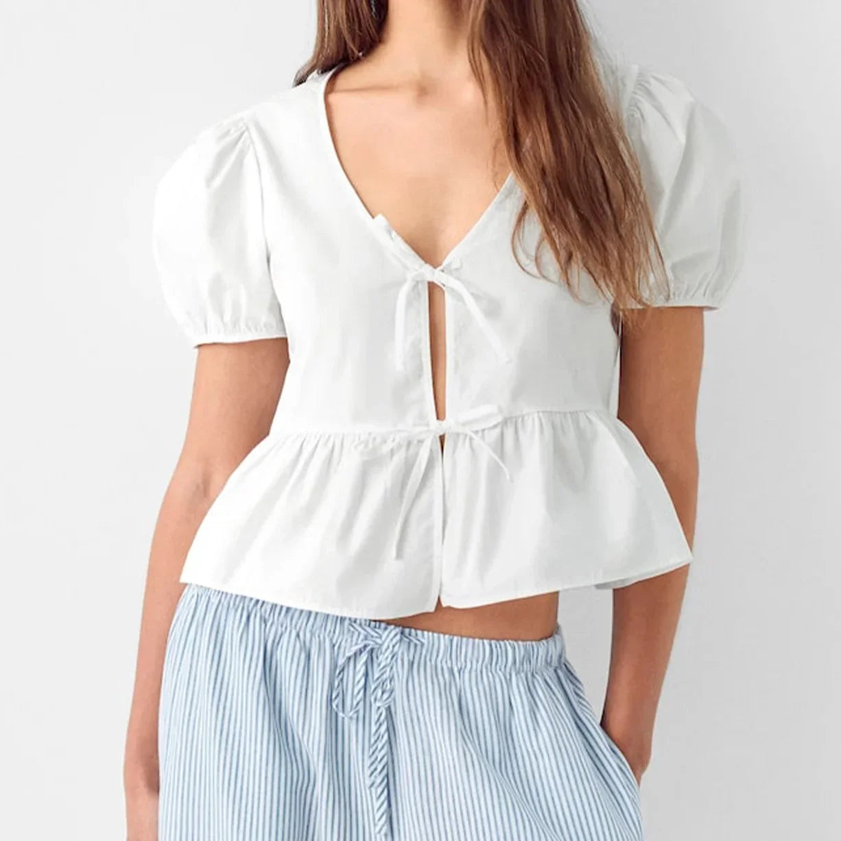 V-neck Open Front Tie-up Short Sleeve Blouse