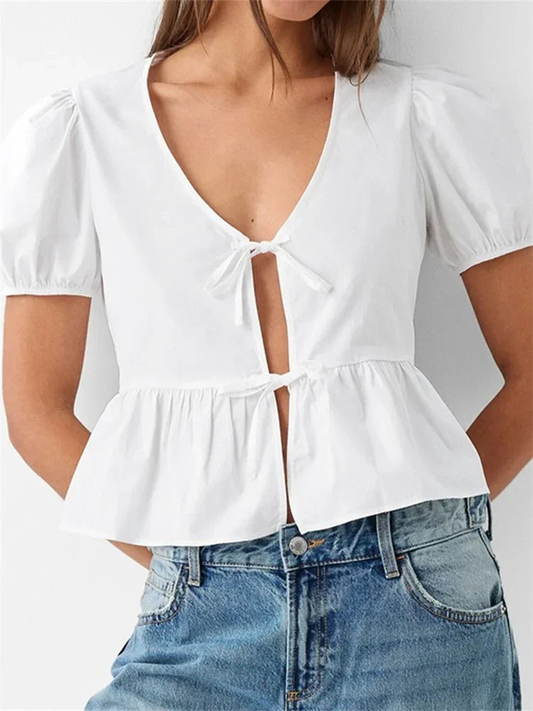 V-neck Open Front Tie-up Short Sleeve Blouse