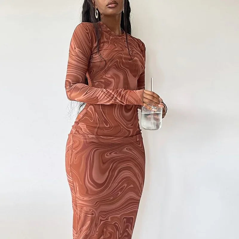 Marble Print Crew Neck Long Sleeve Bodycon Maxi Dress