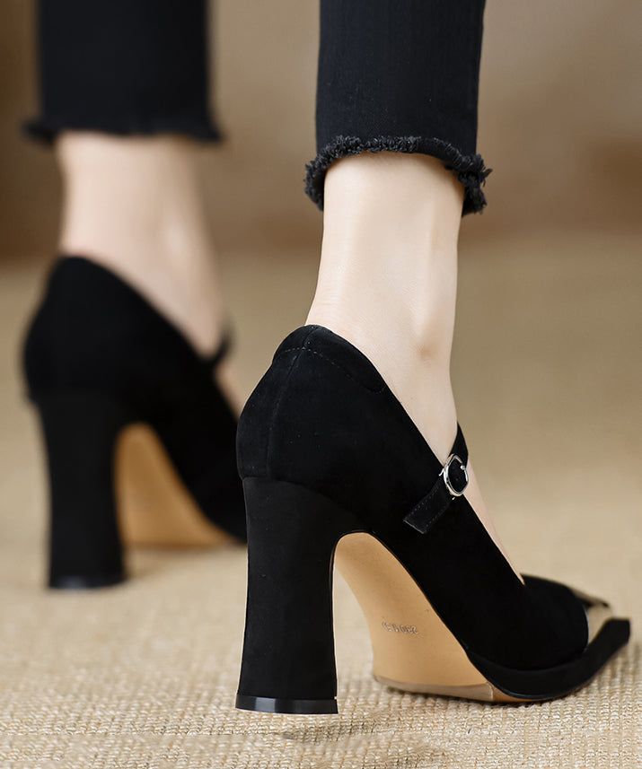 Sequined Splicing Chunky High Heels Black Suede