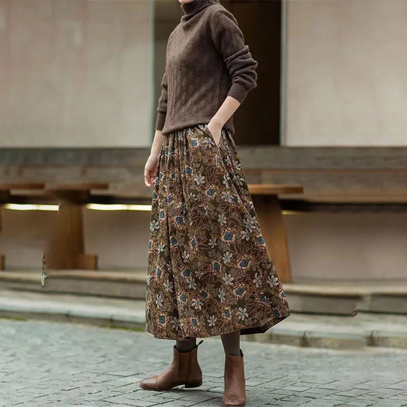 Cotton Retro Printed Mid-Long Loose Skirt