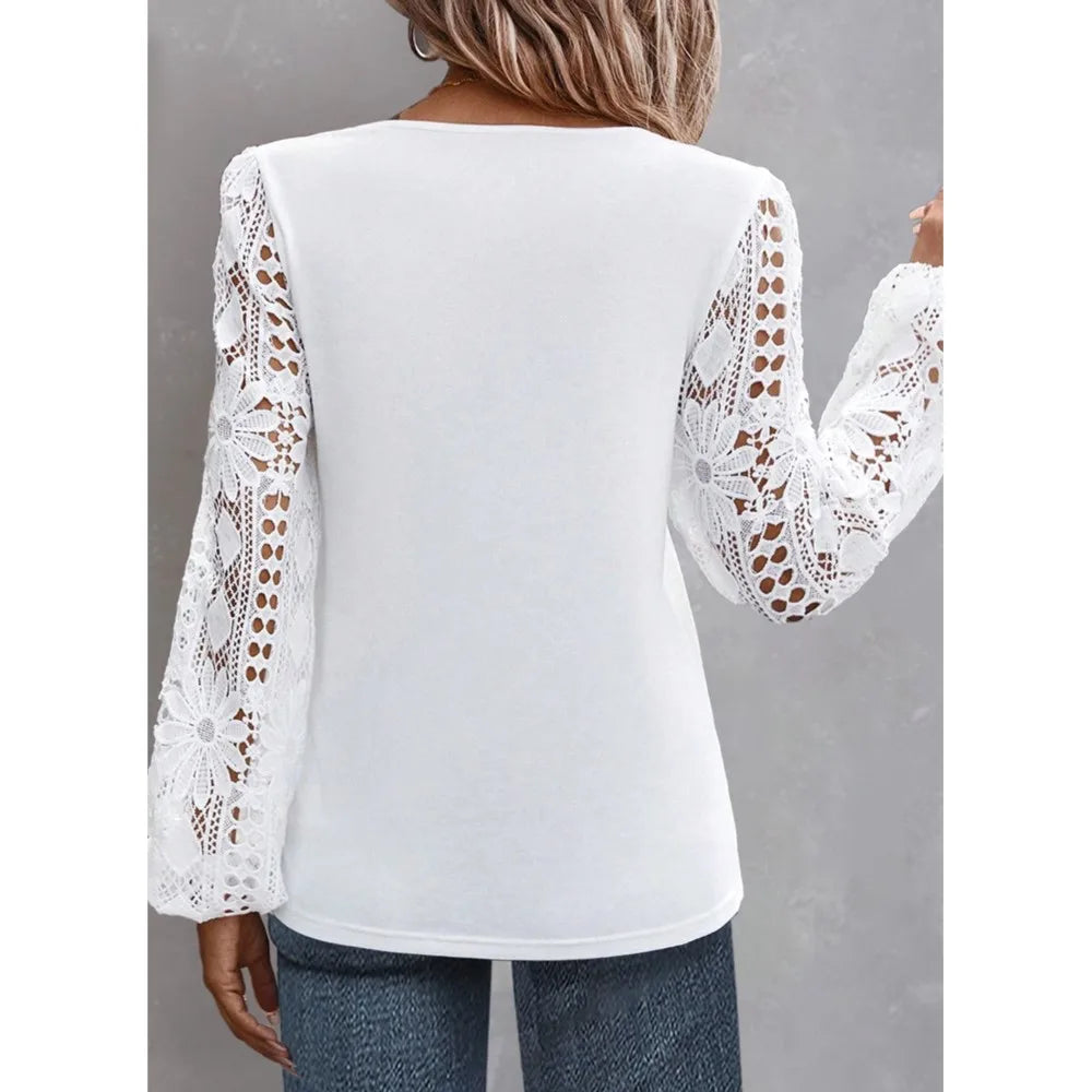 Solid Fashion Blouse Elegant Hollow Lace Blouse