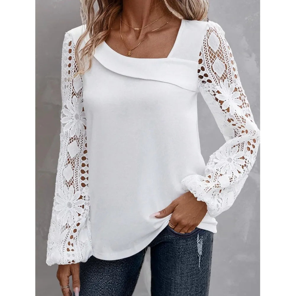 Solid Fashion Blouse Elegant Hollow Lace Blouse