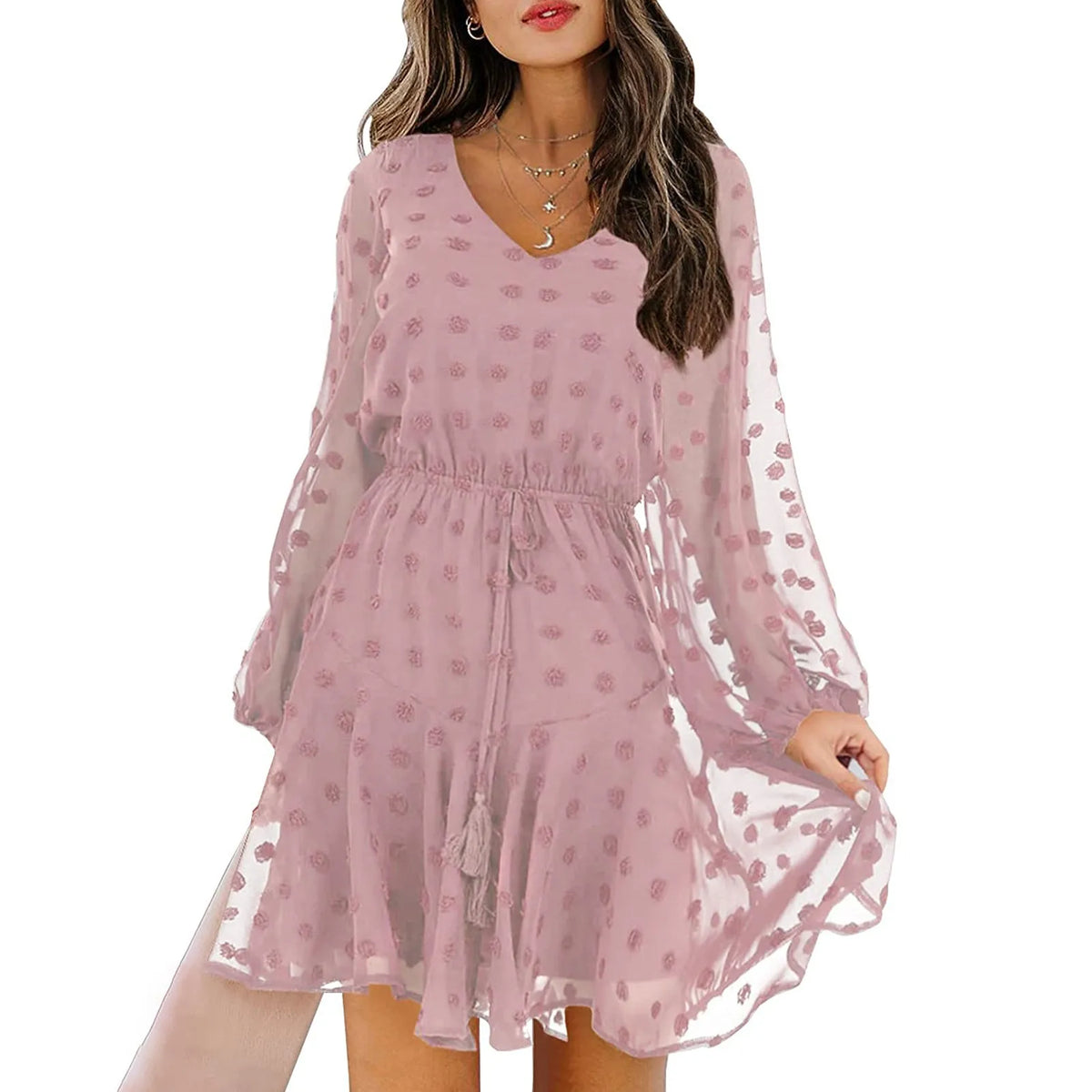 Swiss Dot Chiffon V-Neck Long Sleeve Tiered Mini Dress 10