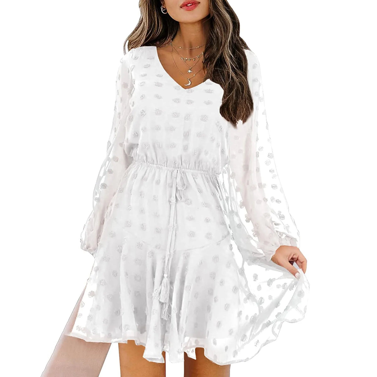 Swiss Dot Chiffon V-Neck Long Sleeve Tiered Mini Dress 2