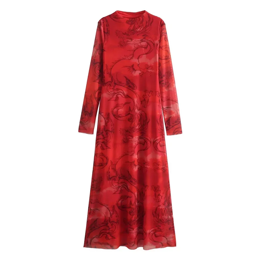 Printed High Neck Long Sleeve Bodycon Maxi Dress