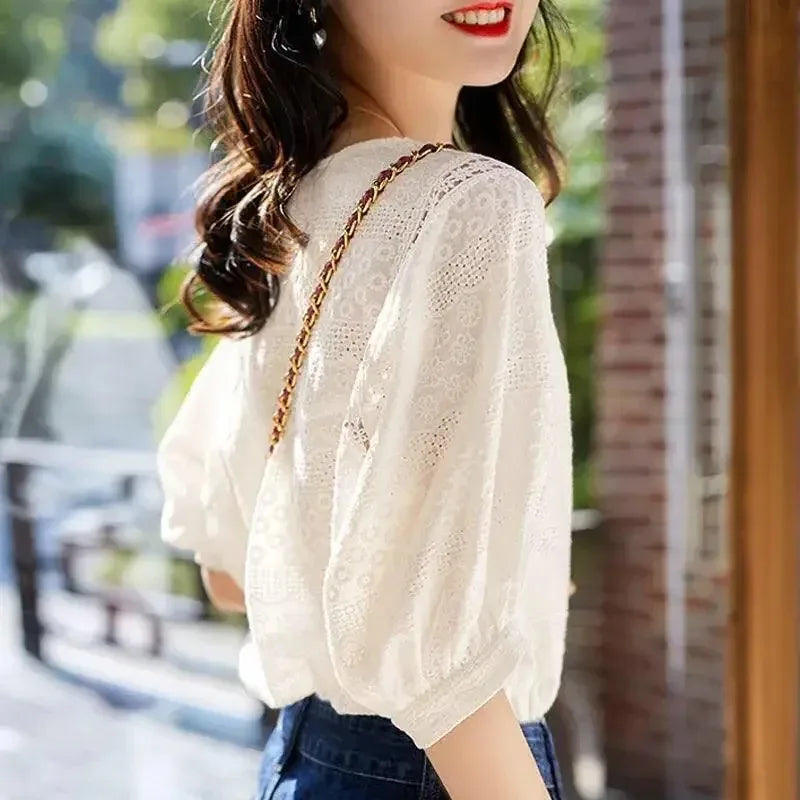 Korean Lantern Sleeve Embroidered Cotton Lace Blouse