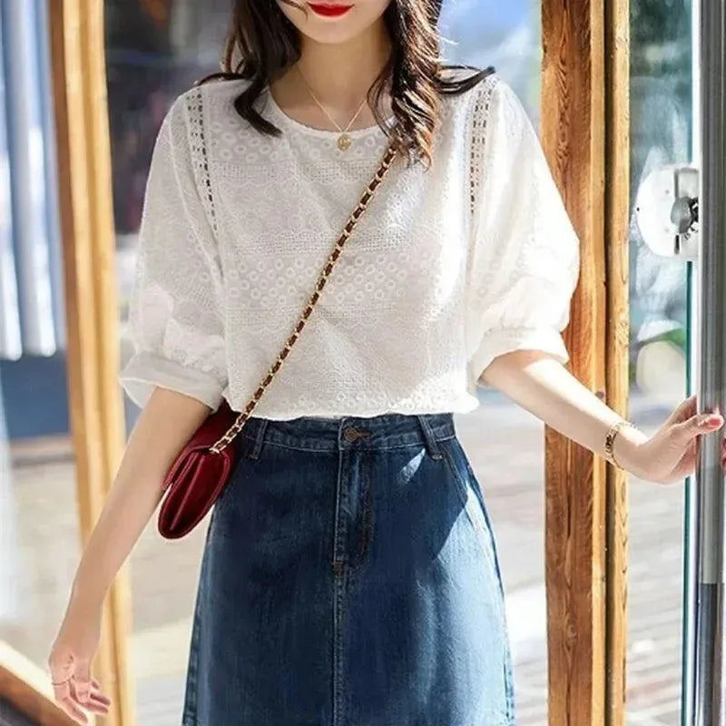 Korean Lantern Sleeve Embroidered Cotton Lace Blouse