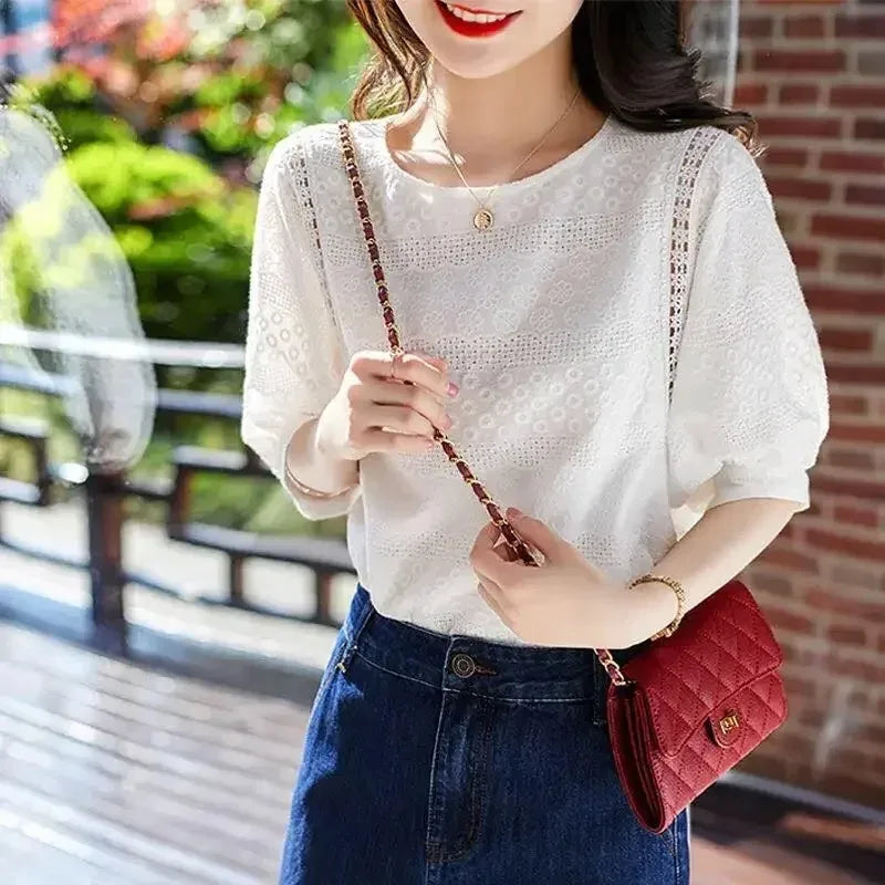 Korean Lantern Sleeve Embroidered Cotton Lace Blouse