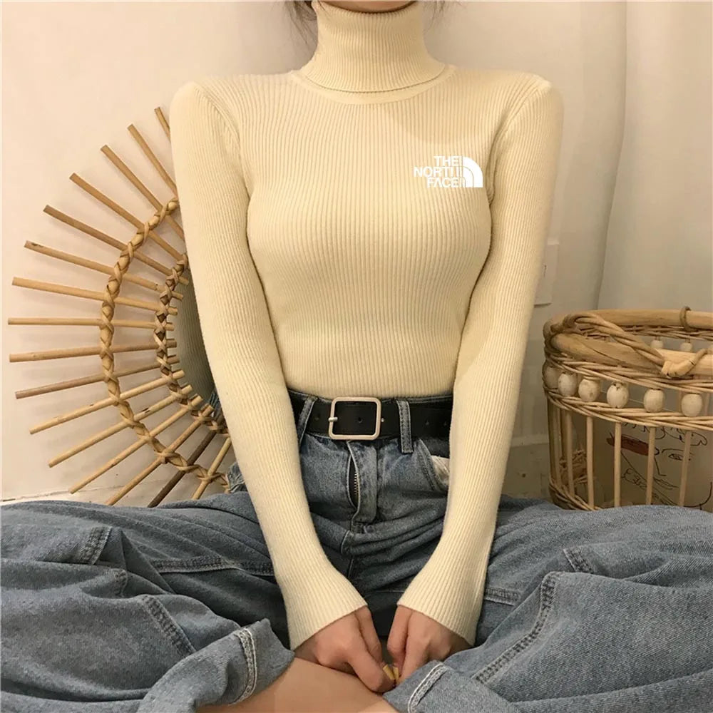 Thick Ribbed Cotton Turtleneck Pullover Sweater Top