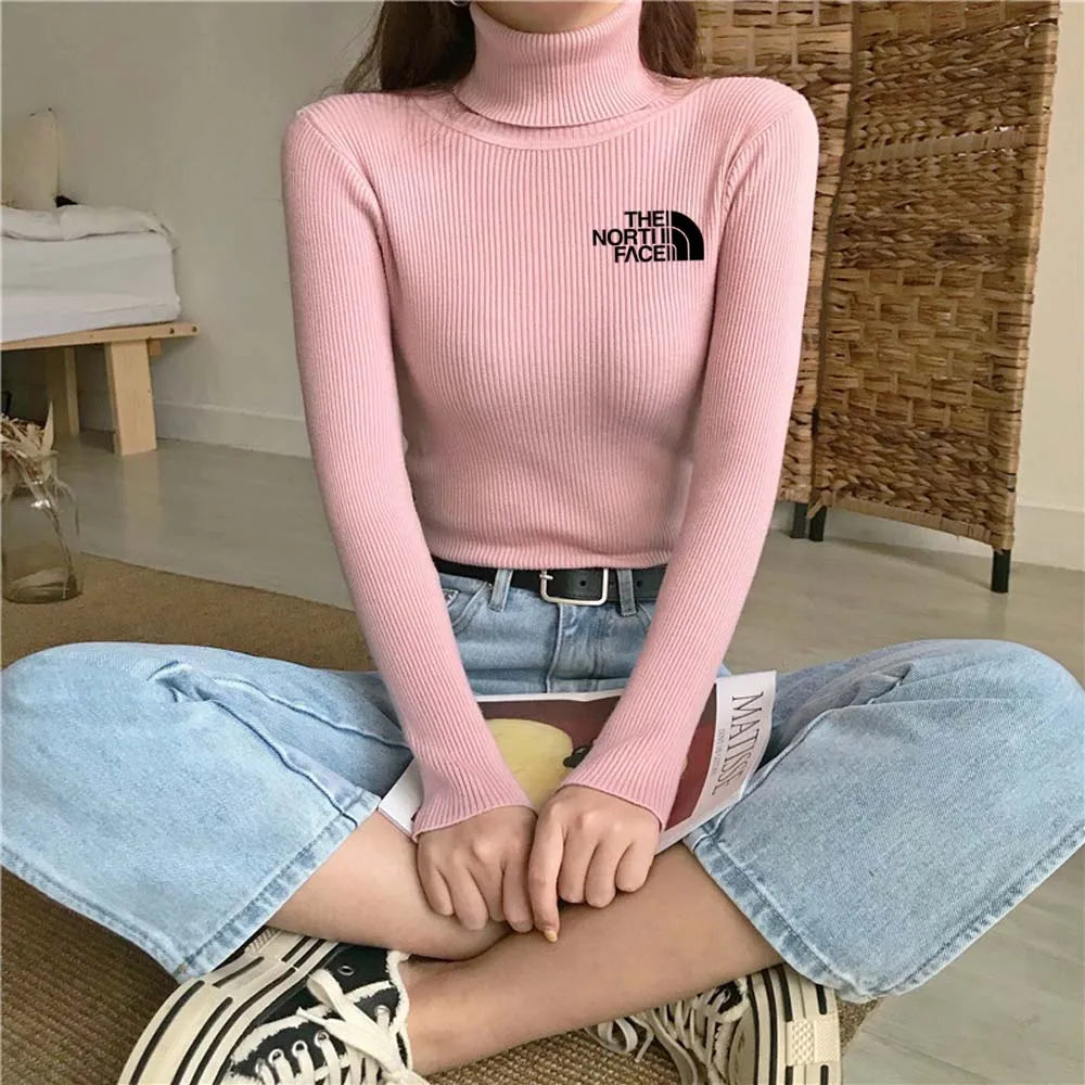 Thick Ribbed Cotton Turtleneck Pullover Sweater Top