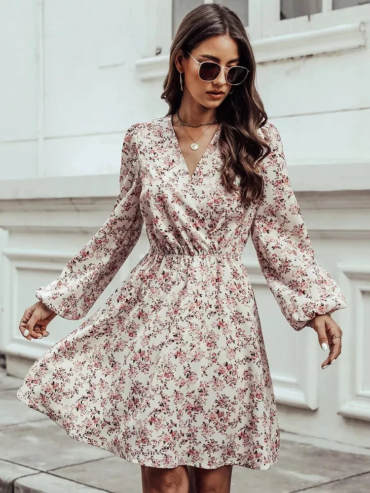 Elegant V-Neck Floral Mini Chiffon Dress