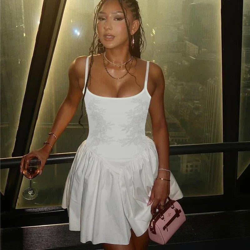 Embroidered Flower High Waist Puffy Floral Dress