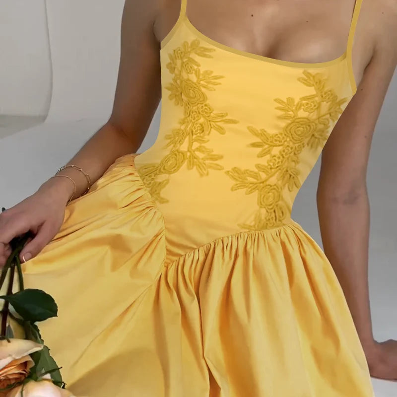 Embroidered Flower High Waist Puffy Floral Dress