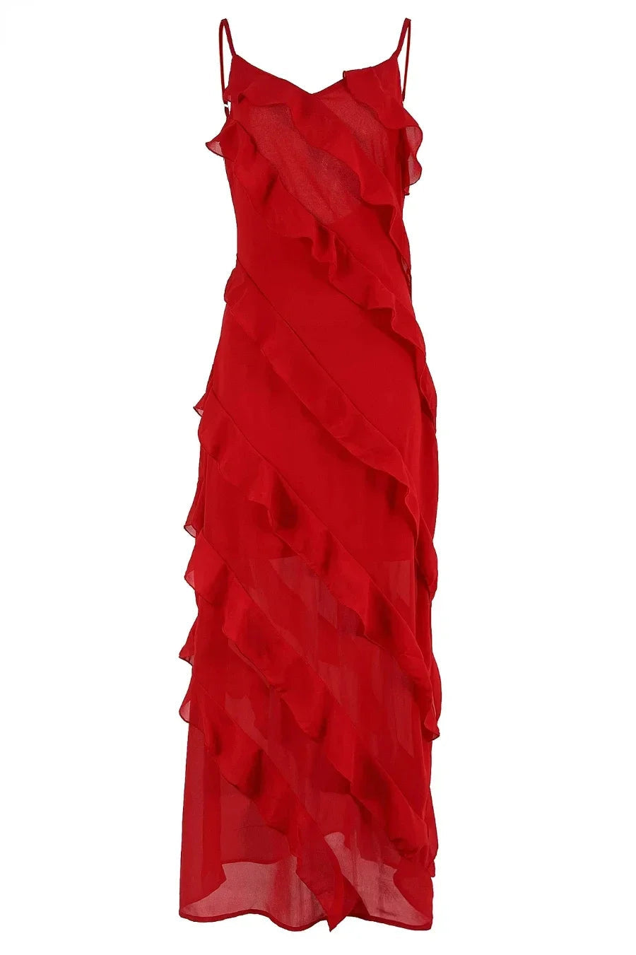 Chiffon Maxi Dress with Ruffles and Backless Split - Sexy Long Summer Wedding/Christmas Party Outfit - Fashionpara