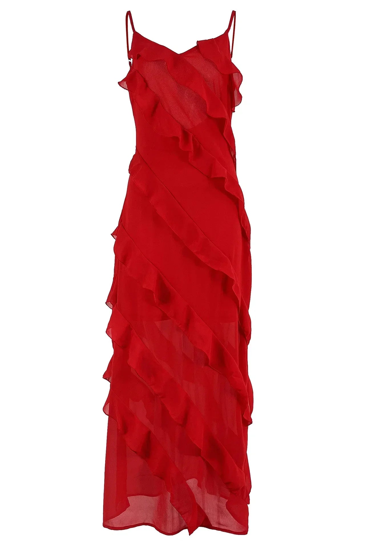 Ruffles Chiffon Backless Split Maxi Red Christmas Party Dress - Fashionpara