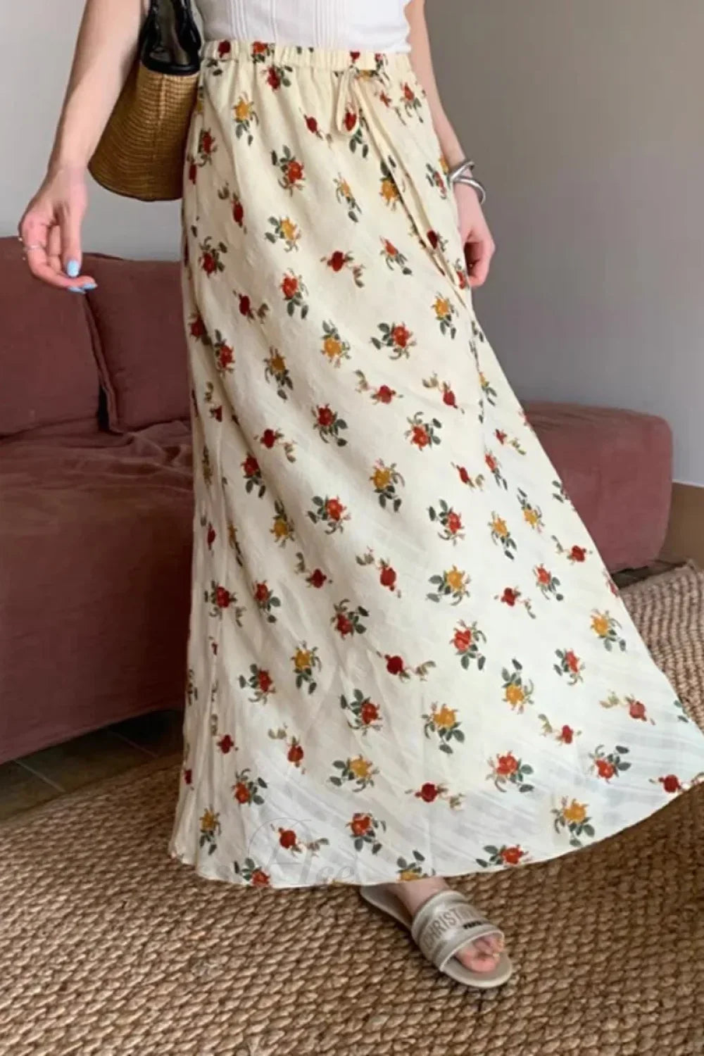 2024 Boho Maxi Skirt High Waist Floral Printed Hippie Rose Chic Beige / M