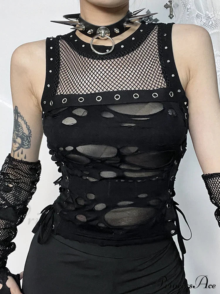 Gothic Sheer Cutout Lace-up Cyberpunk Rave Streetwear Crop Top