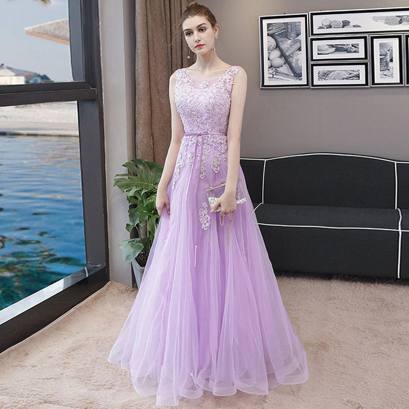 Lace Illusion Neckline Sleeveless Ribbon A-Line Maxi Evening Gown