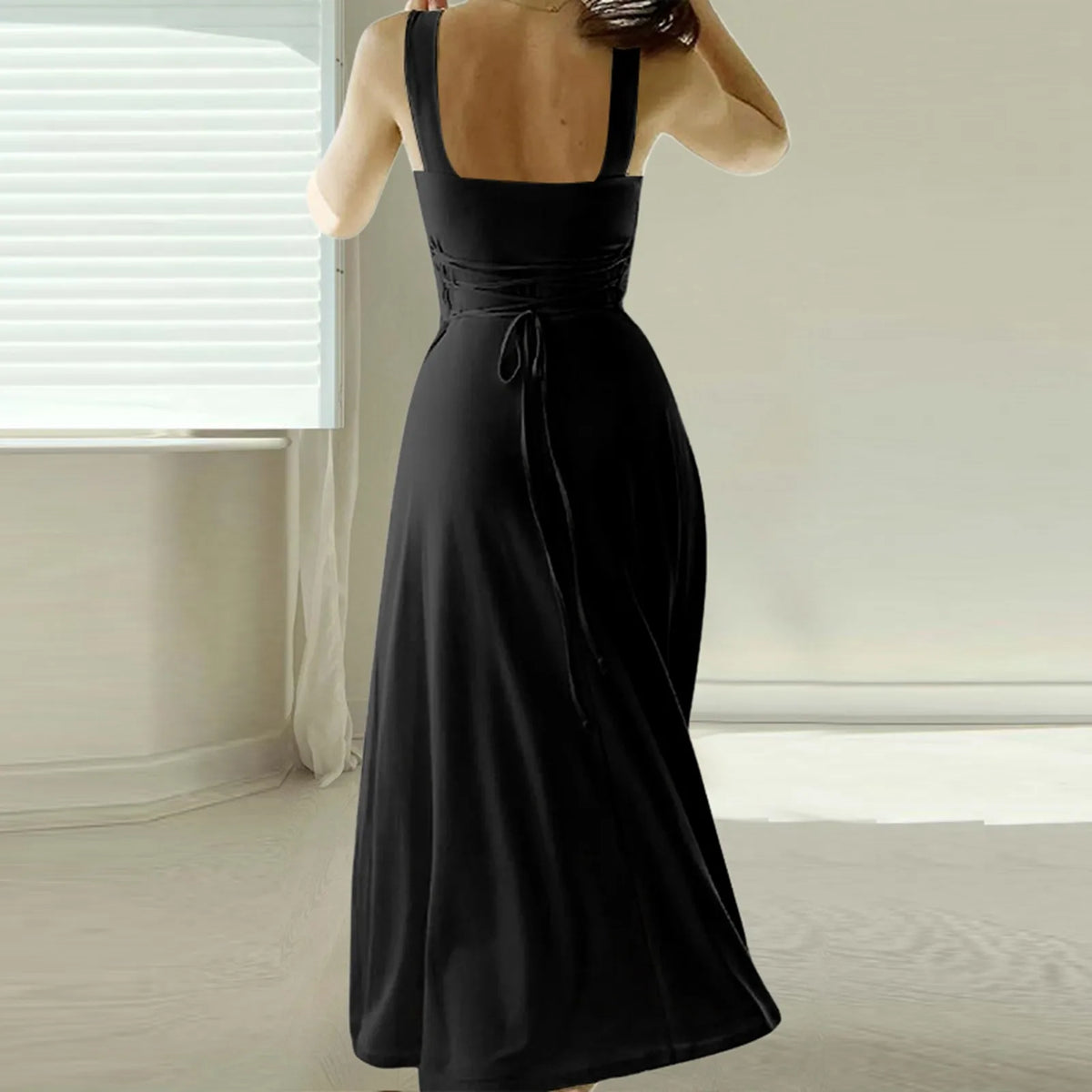 Square Neck Wide Strap Fitted Bodice A-Line Midi Dress - View 3