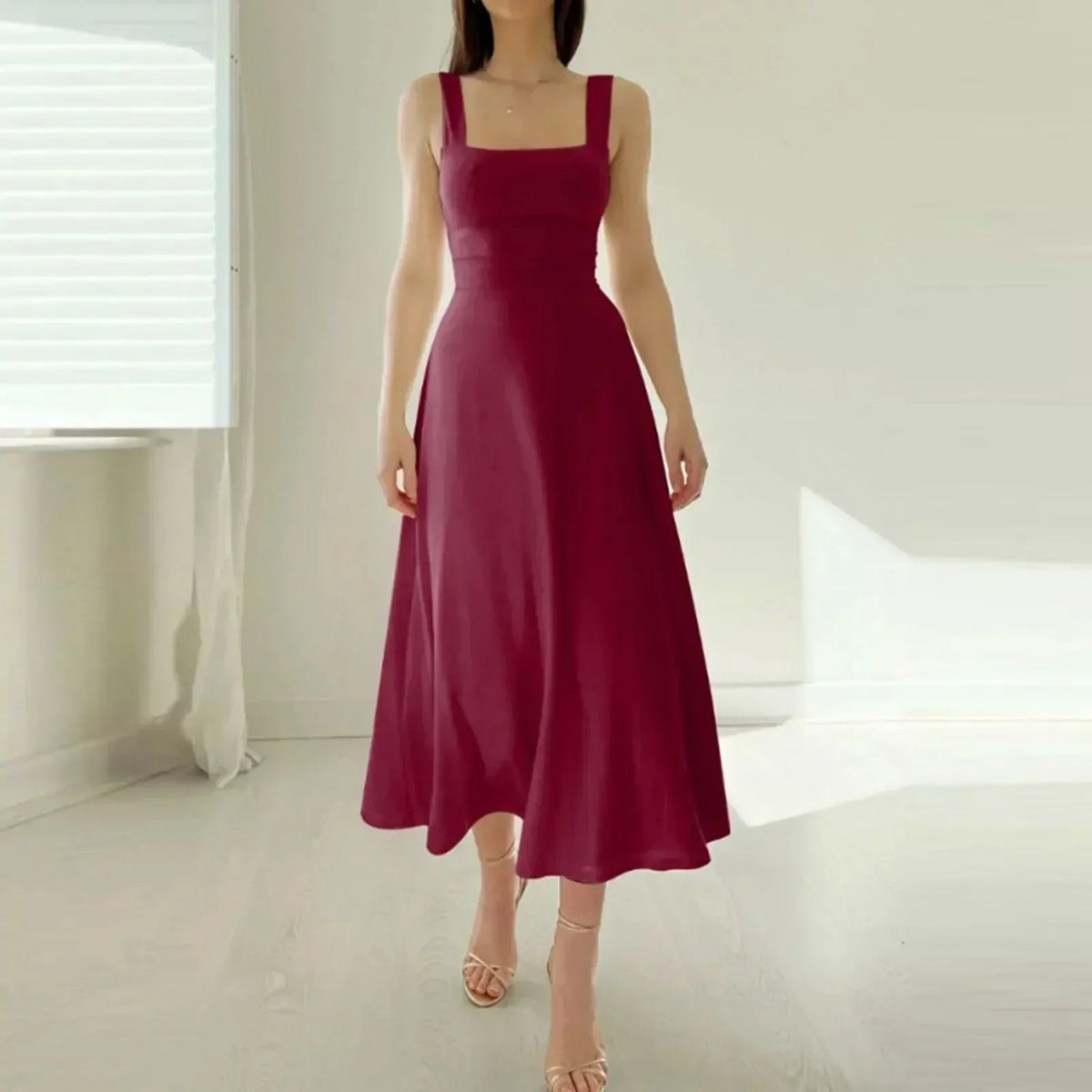 Square Neck Wide Strap Fitted Bodice A-Line Midi Dress - View 5