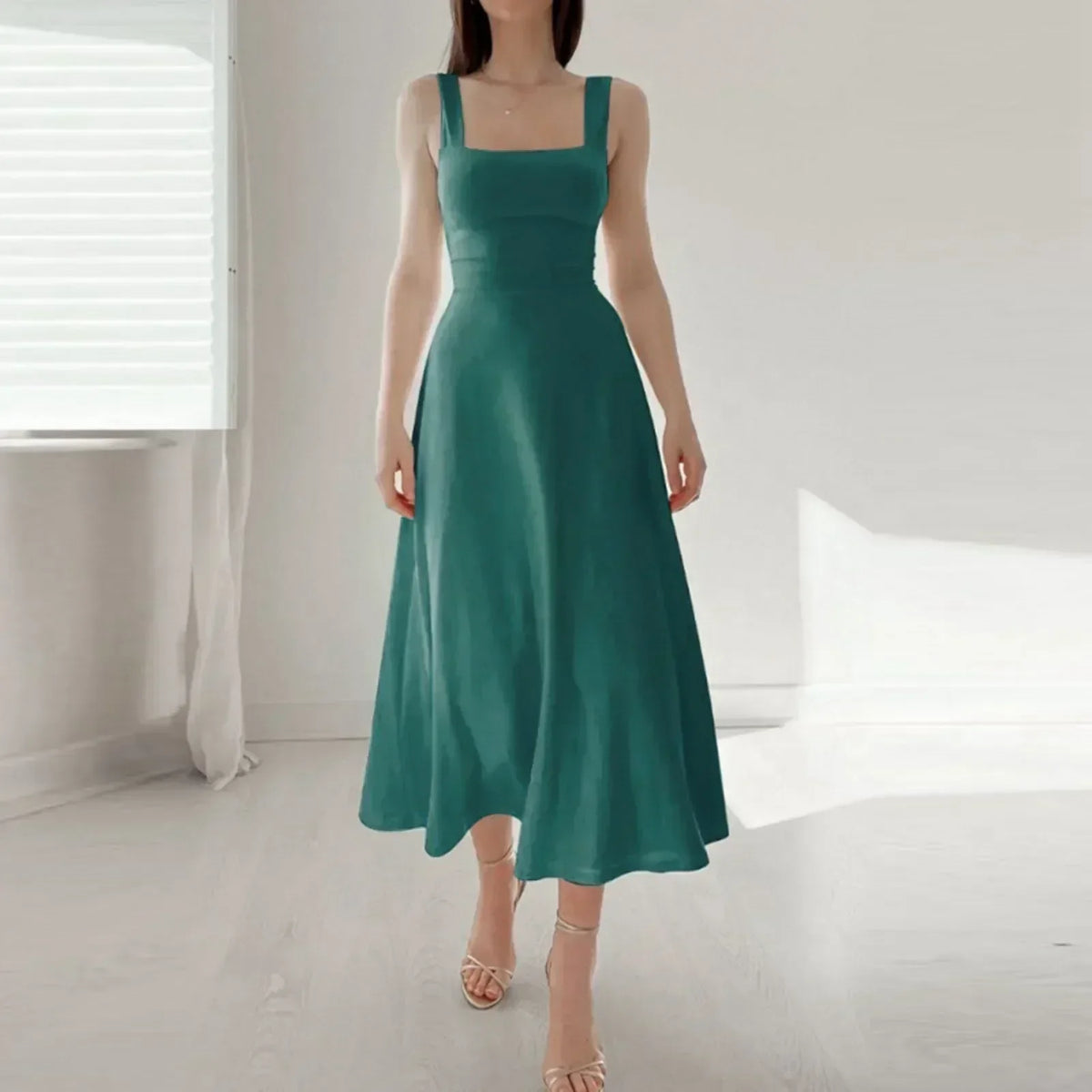 Square Neck Wide Strap Fitted Bodice A-Line Midi Dress - View 9