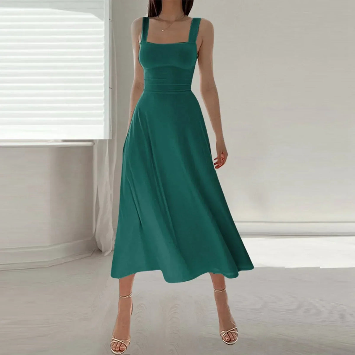 Square Neck Wide Strap Fitted Bodice A-Line Midi Dress - View 10