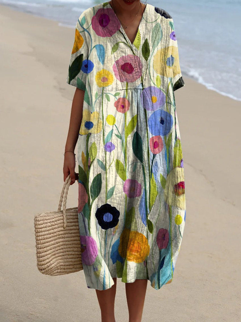 Floral Print V-Neck Short Sleeve Cotton Midi Dress - View 4