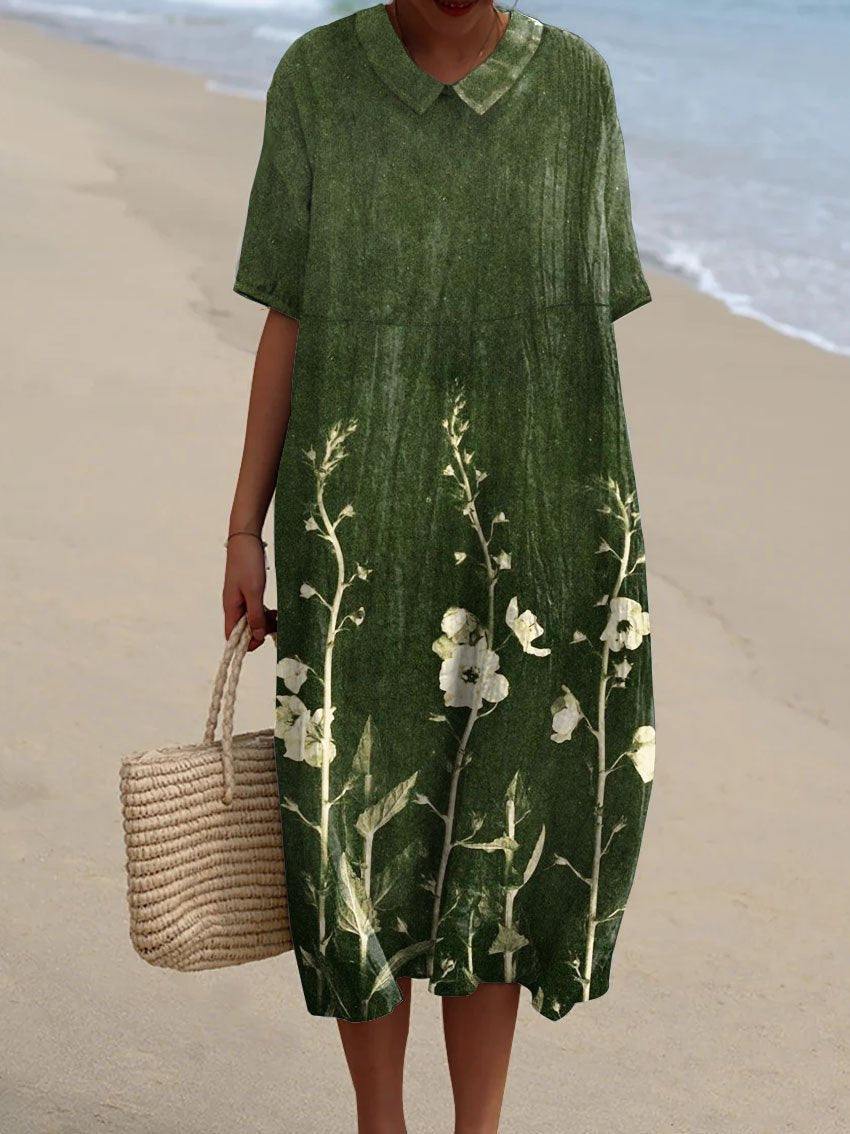 Floral Print V-Neck Short Sleeve Cotton Midi Dress - View 5