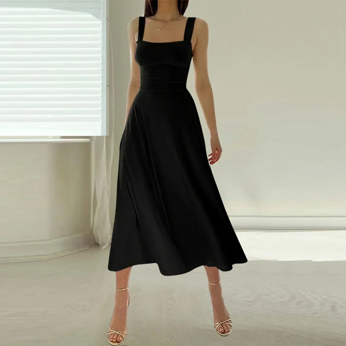 Square Neck Wide Strap Fitted Bodice A-Line Midi Dress - View 2
