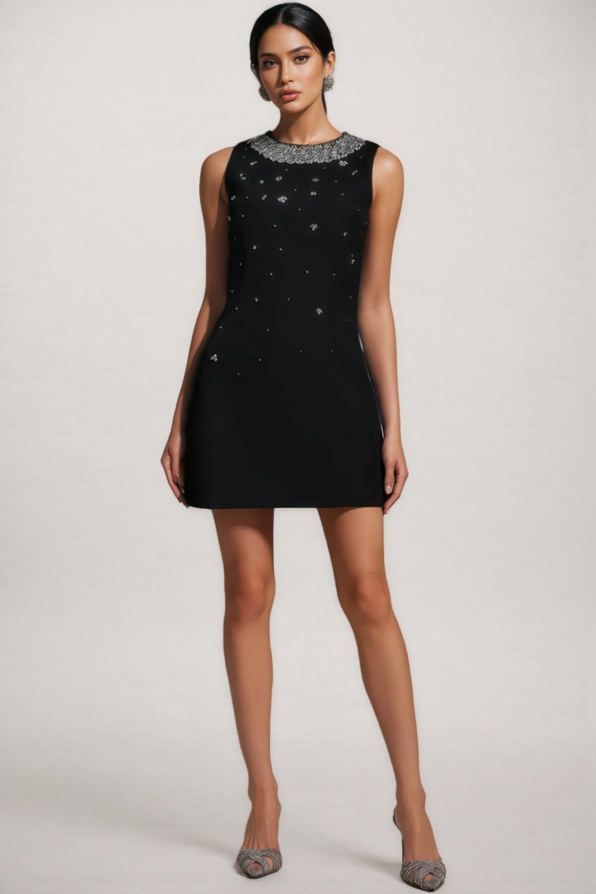 Beaded Floral Collar Sleeveless Shift Mini Dress