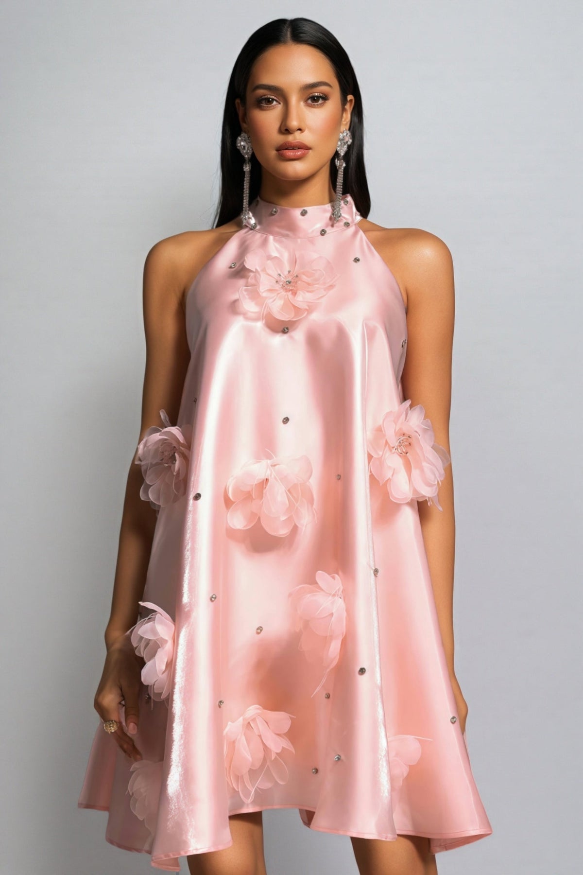 3D Floral Halter Neck Rhinestone Satin A-Line Mini Dress - View 4