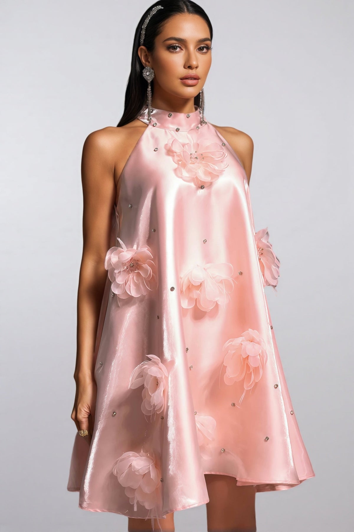 3D Floral Halter Neck Rhinestone Satin A-Line Mini Dress - View 2