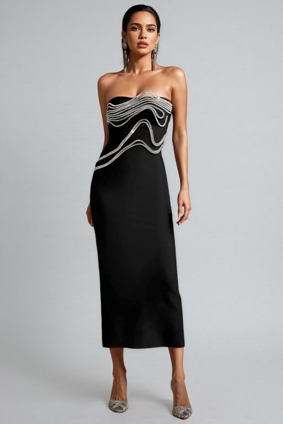 Strapless Crystal Wave Rhinestone Embellished Bandage Midi Dress