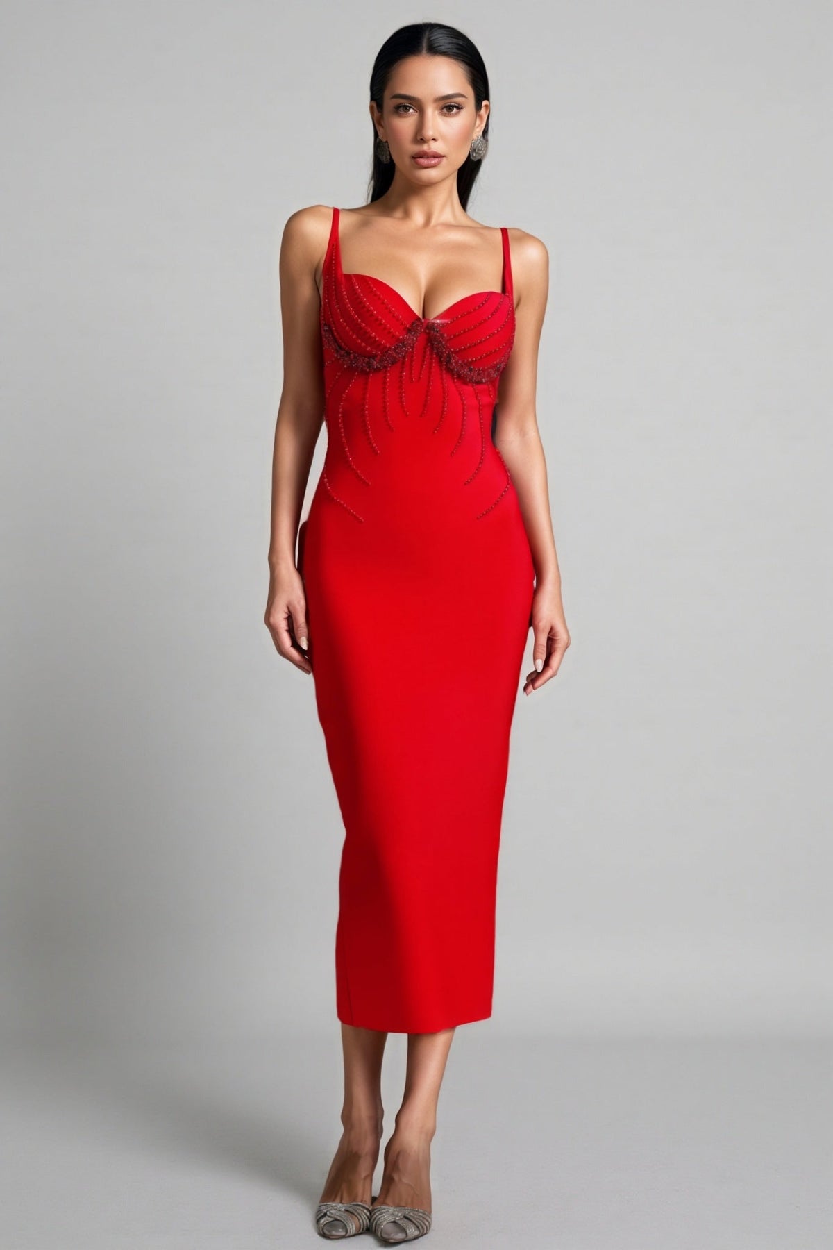 Crystal Embellished Sweetheart Spaghetti Strap Midi Dress