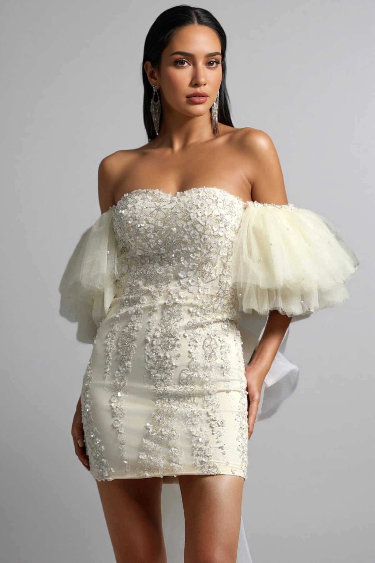 Sequin Sweetheart Off Shoulder Tulle Puff Sleeve Mini Dress