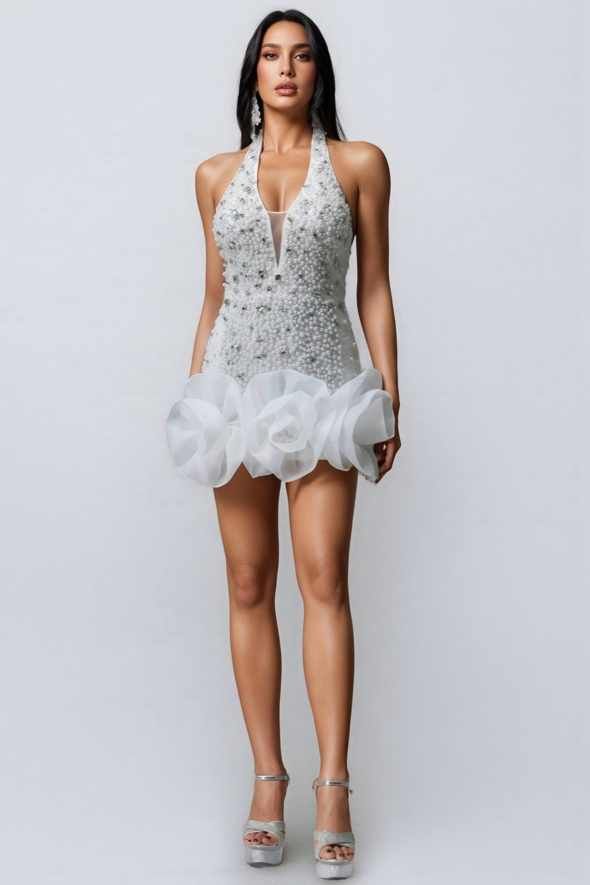 V-Neck 3D Floral Sequin Mini Dress