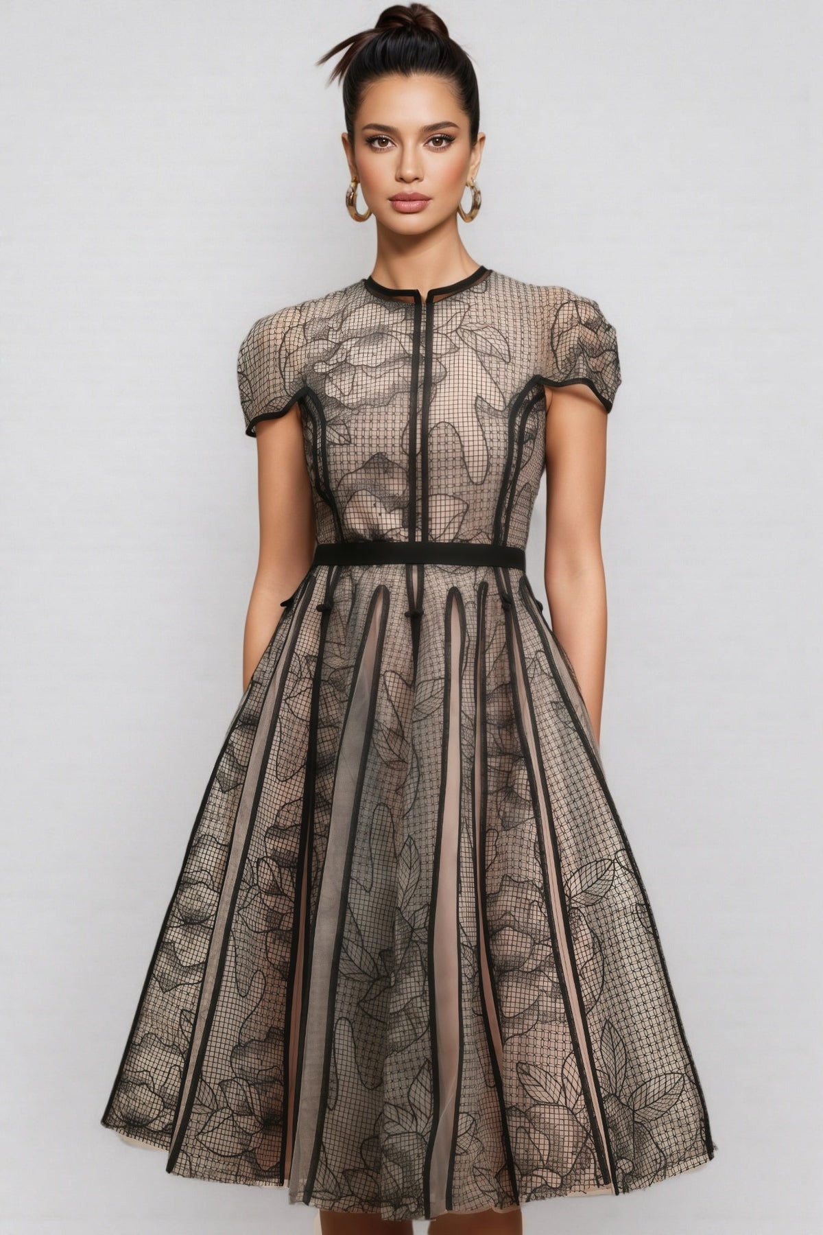 Floral Mesh Cap Sleeve Piped Panel Fit and Flare Midi Dress - View 4