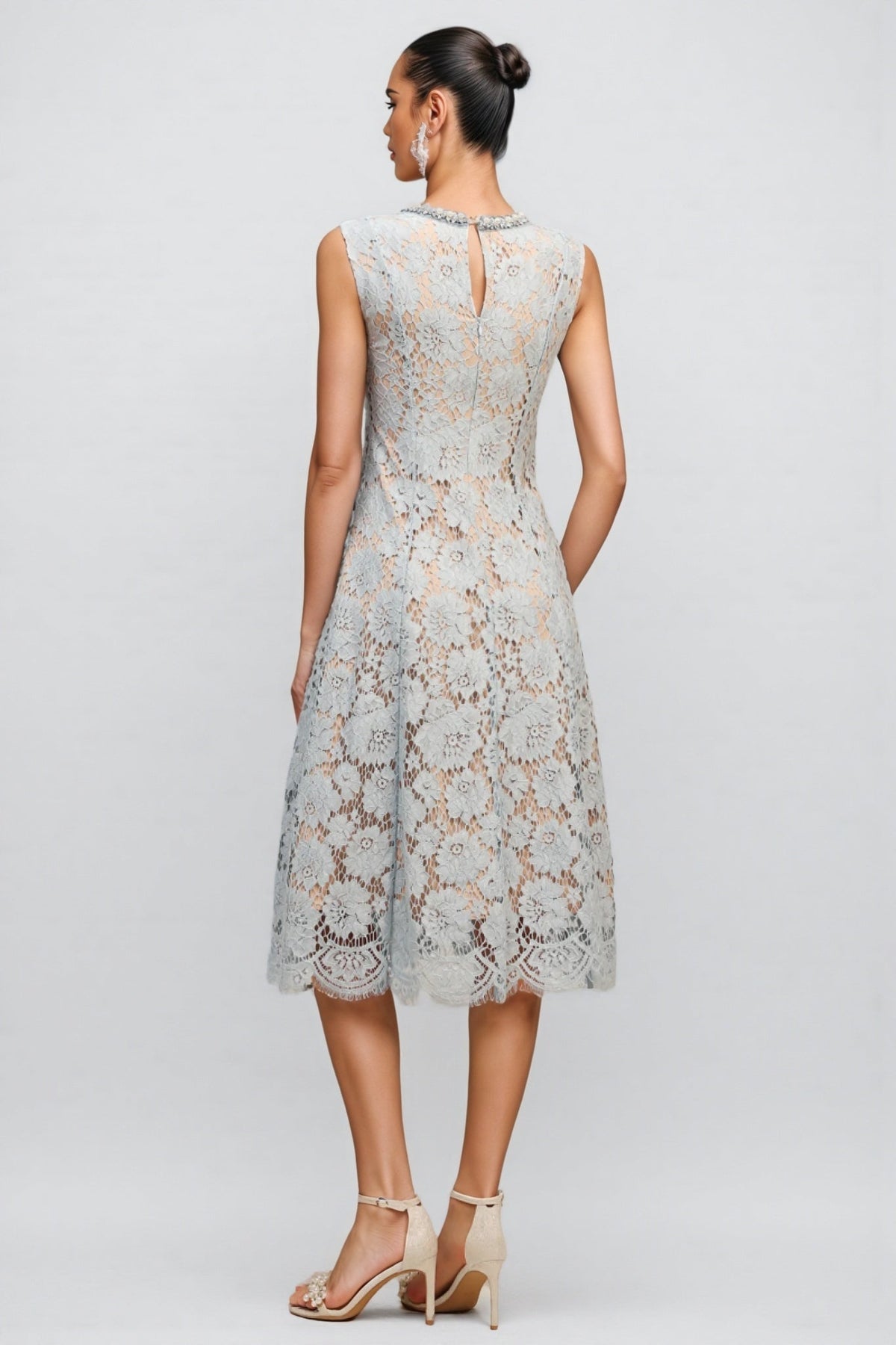 Crystal Collar Floral Lace Overlay Scalloped Hem Midi Dress - View 5