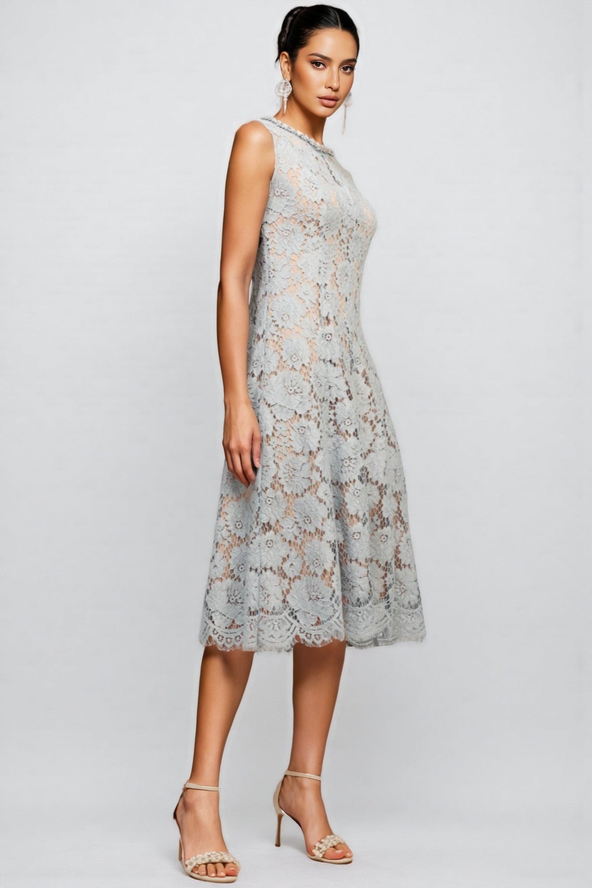 Crystal Collar Floral Lace Overlay Scalloped Hem Midi Dress - View 2