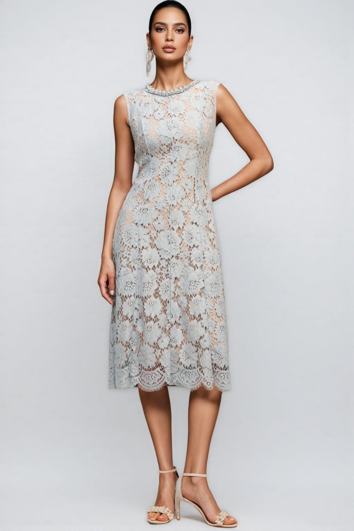 Crystal Collar Floral Lace Overlay Scalloped Hem Midi Dress
