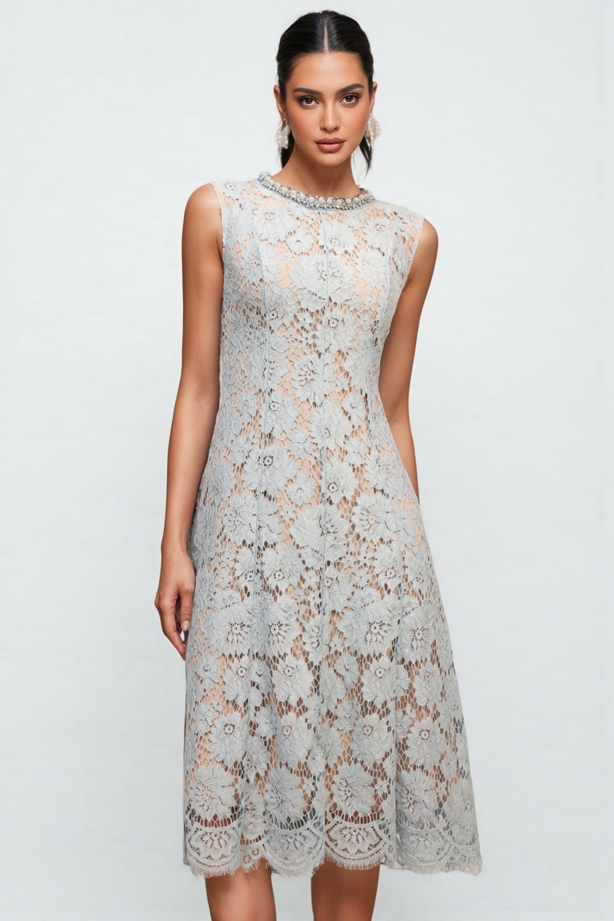 Crystal Collar Floral Lace Overlay Scalloped Hem Midi Dress - View 3