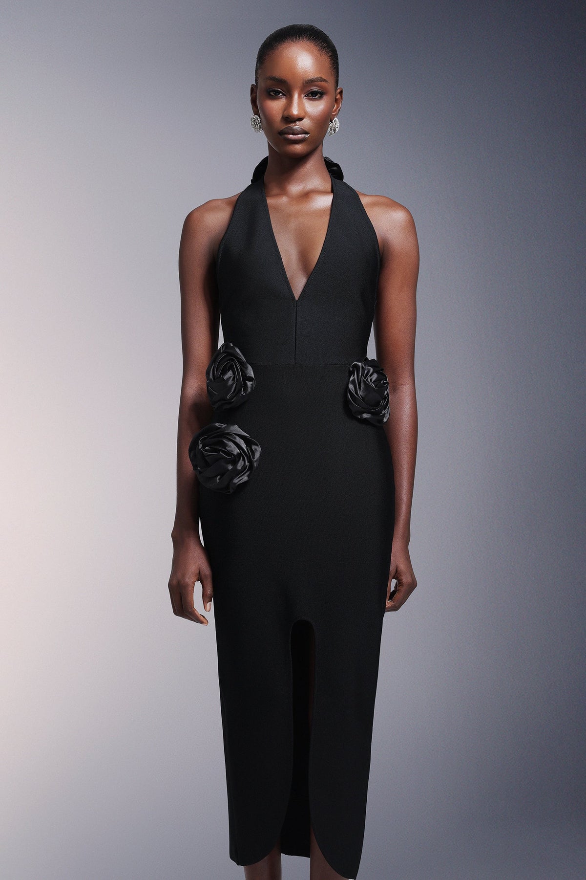 Halter Deep V-Neck 3D Rose High Split Midi Dress - View 2