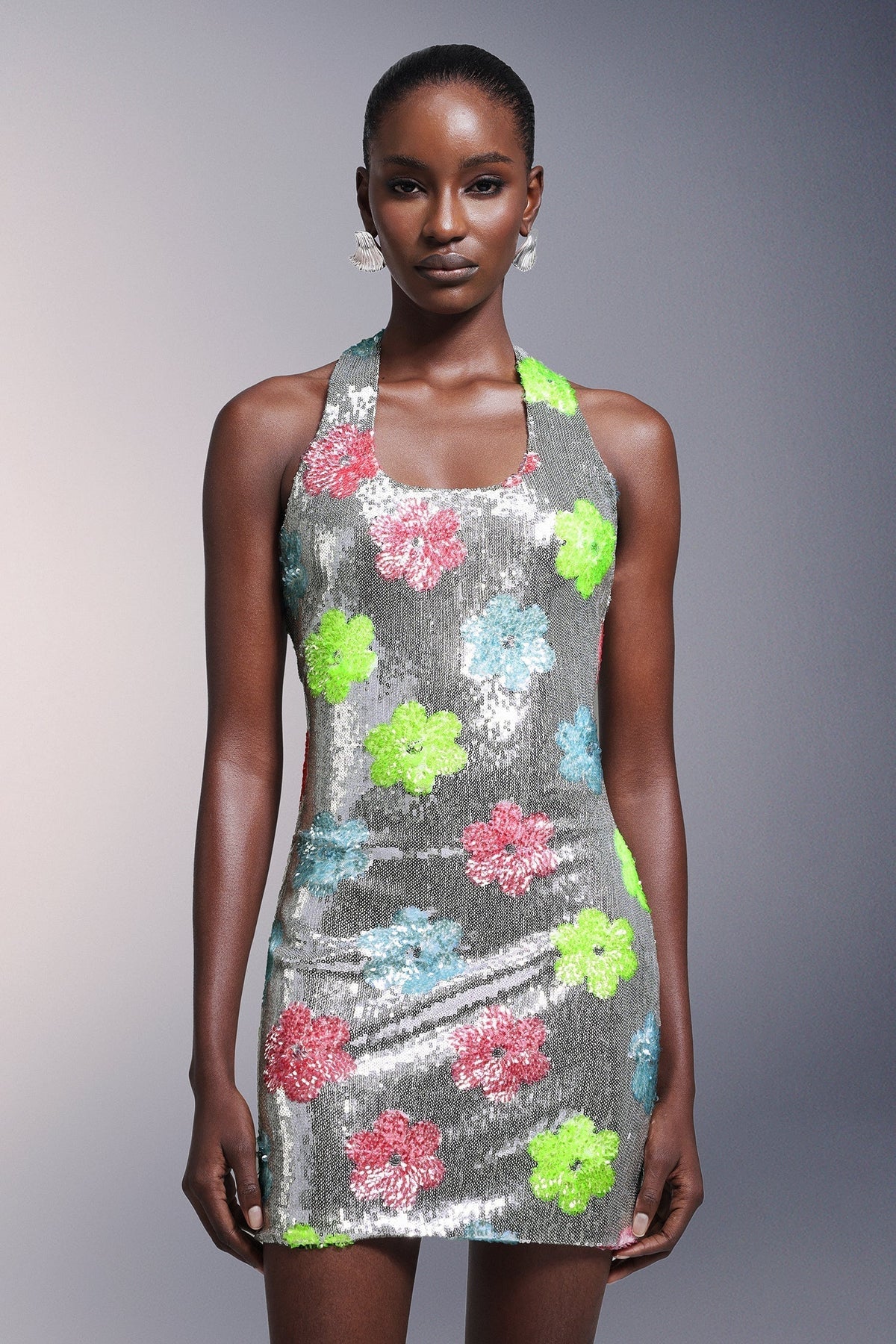 Floral Sequin Scoop Neck Backless Bodycon Mini Party Dress