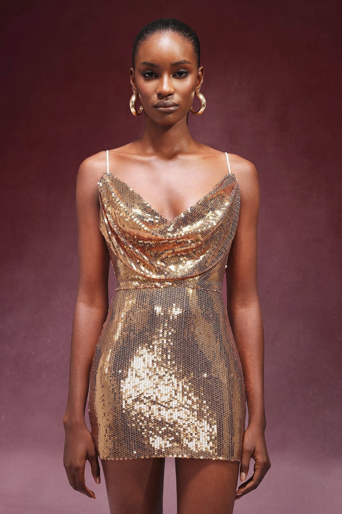 Sequin Cowl Neck Spaghetti Strap Slip Mini Dress
