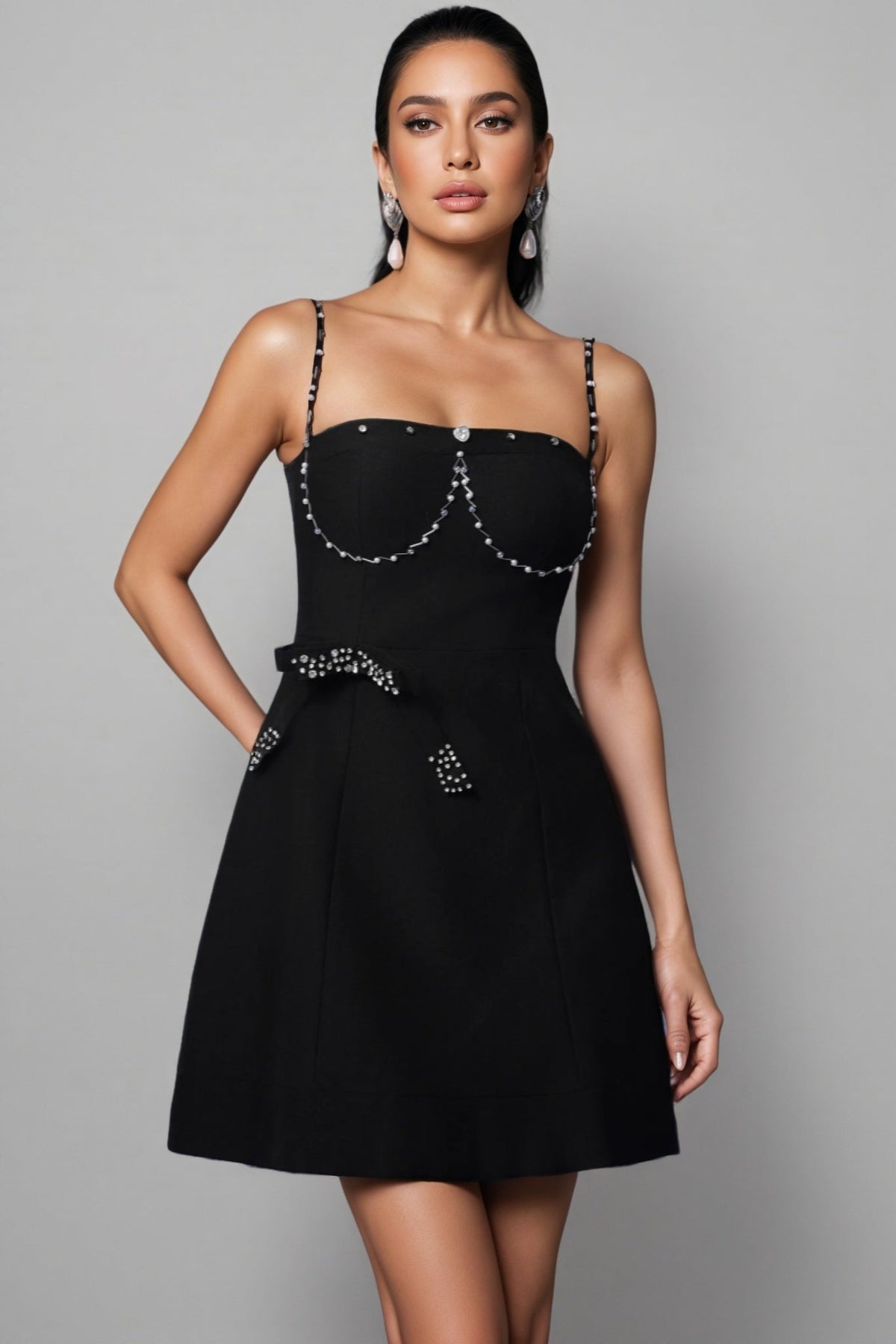 Pearl Embellished Spaghetti Strap Square Neck A-Line Mini Dress
