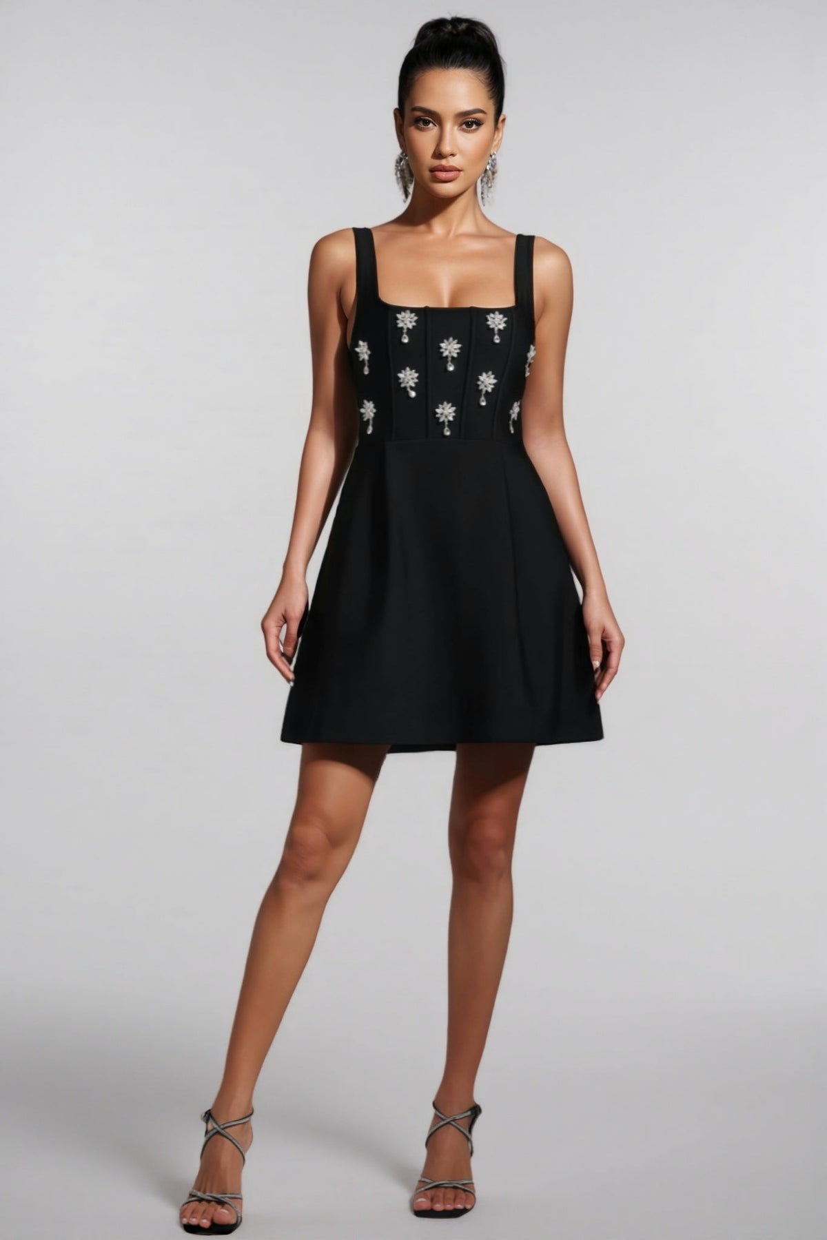 Rhinestone Corset Bodice Square Neck Sleeveless A-Line Mini Dress