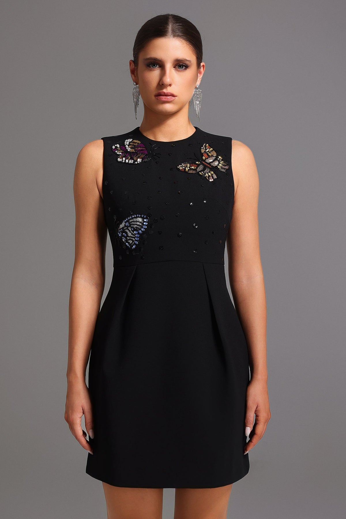 Sequin Round Neck Sleeveless Butterfly Embellished A-Line Mini Dress